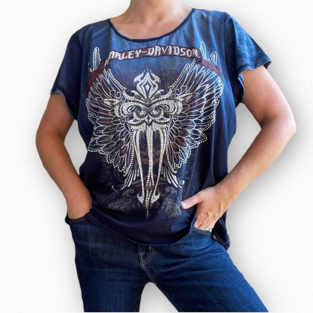 Harley Davidson Motorcycles Blue and Burgundy Ombré Short Sleeve Top Rhinestones